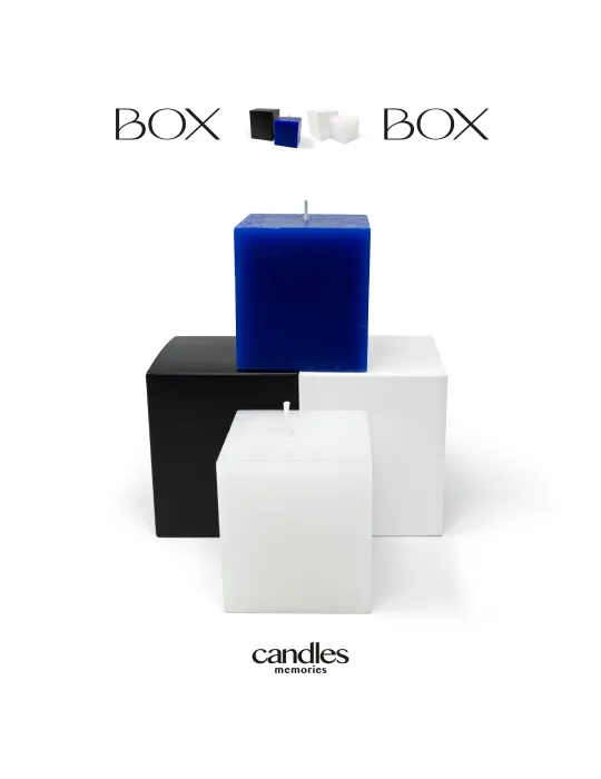 Velas aromáticas cuadradas blancas o azules, presentadas en caja blanca o blanca