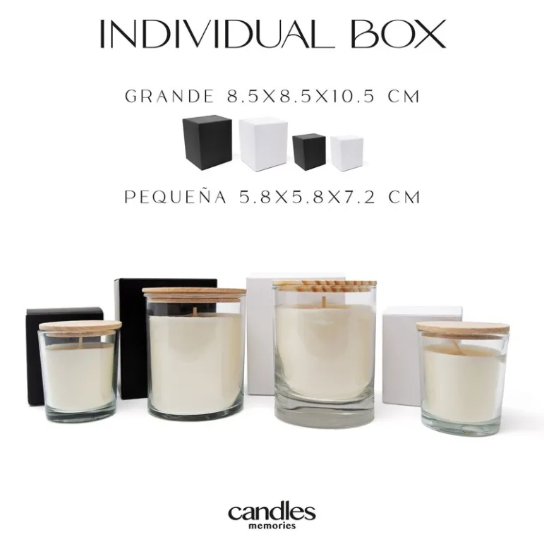 Vela aromáticas personalizables en vaso de cristal con tapa de madera, presentada en caja individual