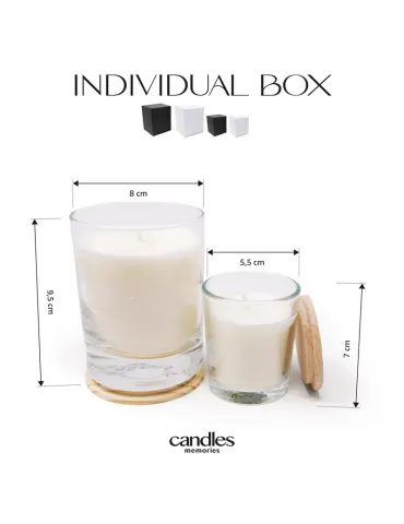 Vela en vaso de cristal transparente con tapa de madera natural, dos tamaños