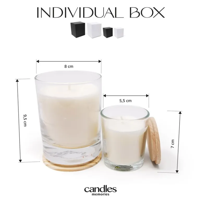 Vela en vaso de cristal transparente con tapa de madera natural, dos tamaños