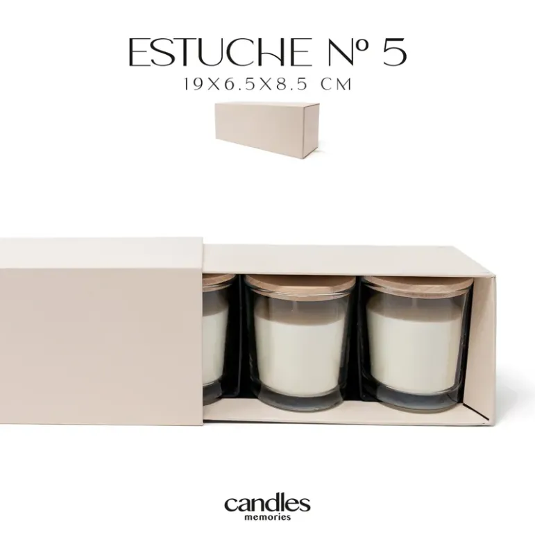 Dimensiones del estuche de 3 velas aromáticas: 19 × 6,5 × 6,5 cm