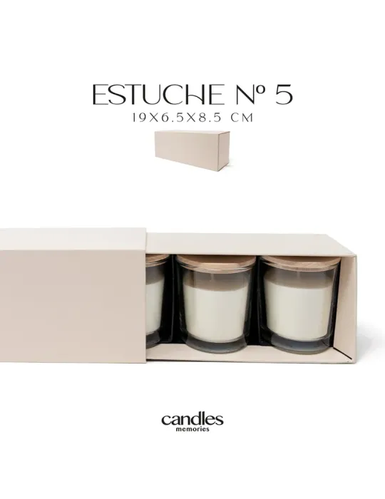 Dimensiones del estuche de 3 velas aromáticas: 19 × 6,5 × 6,5 cm