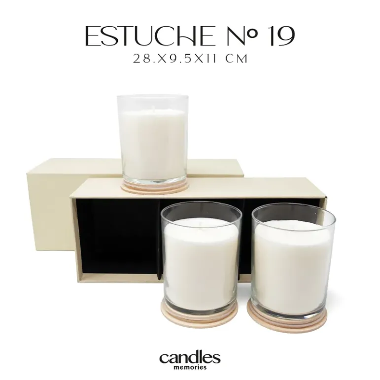 Estuche con 3 velas aromáticas personalizables en vaso de cristal y tapa de madera