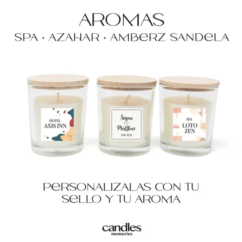 Diseños de etiquetas personalizables con aromas: Spa, Azahar y Amber Sandela