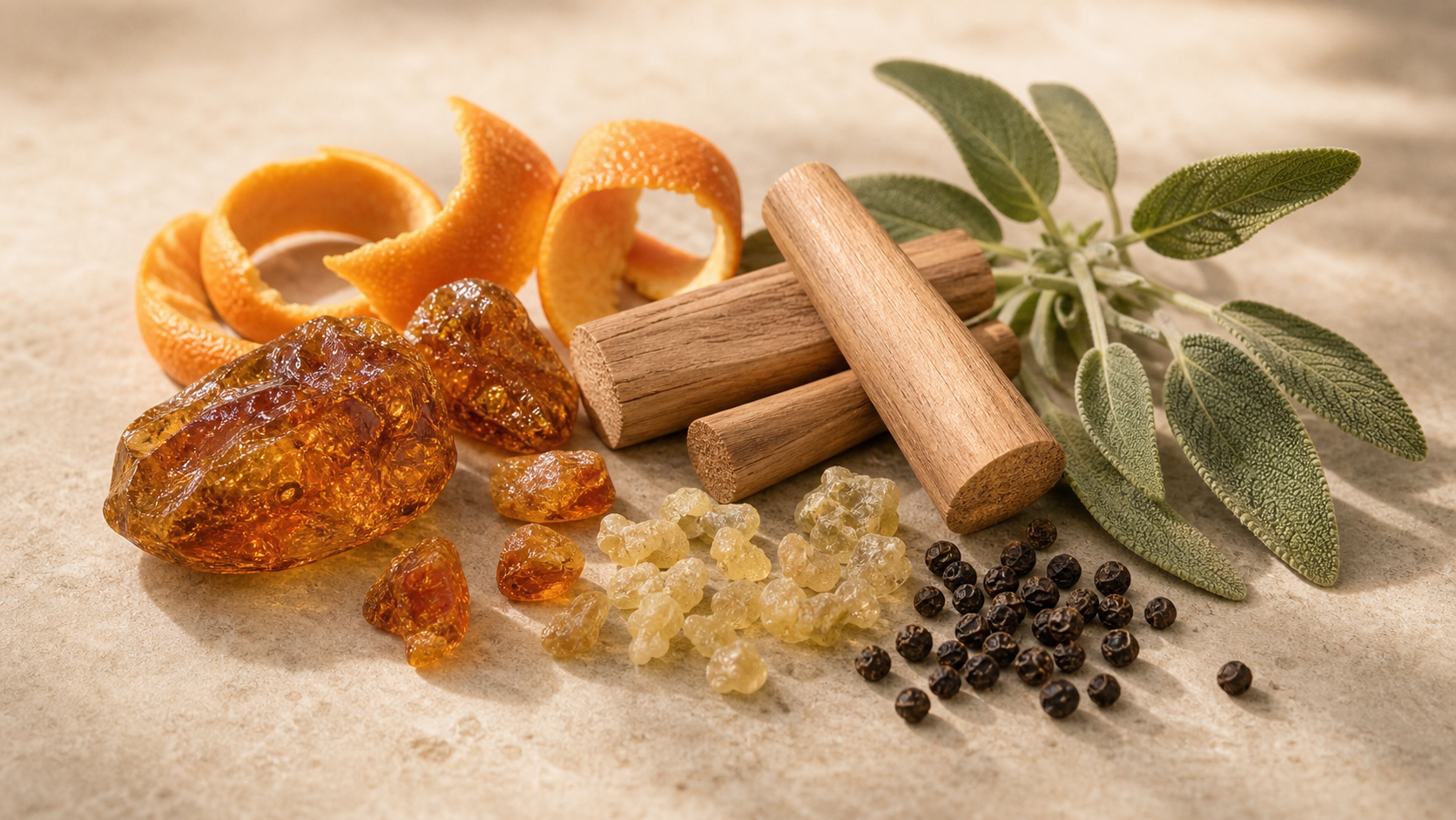 Ilustración ámbar, sándalo, mandarina y salvia.