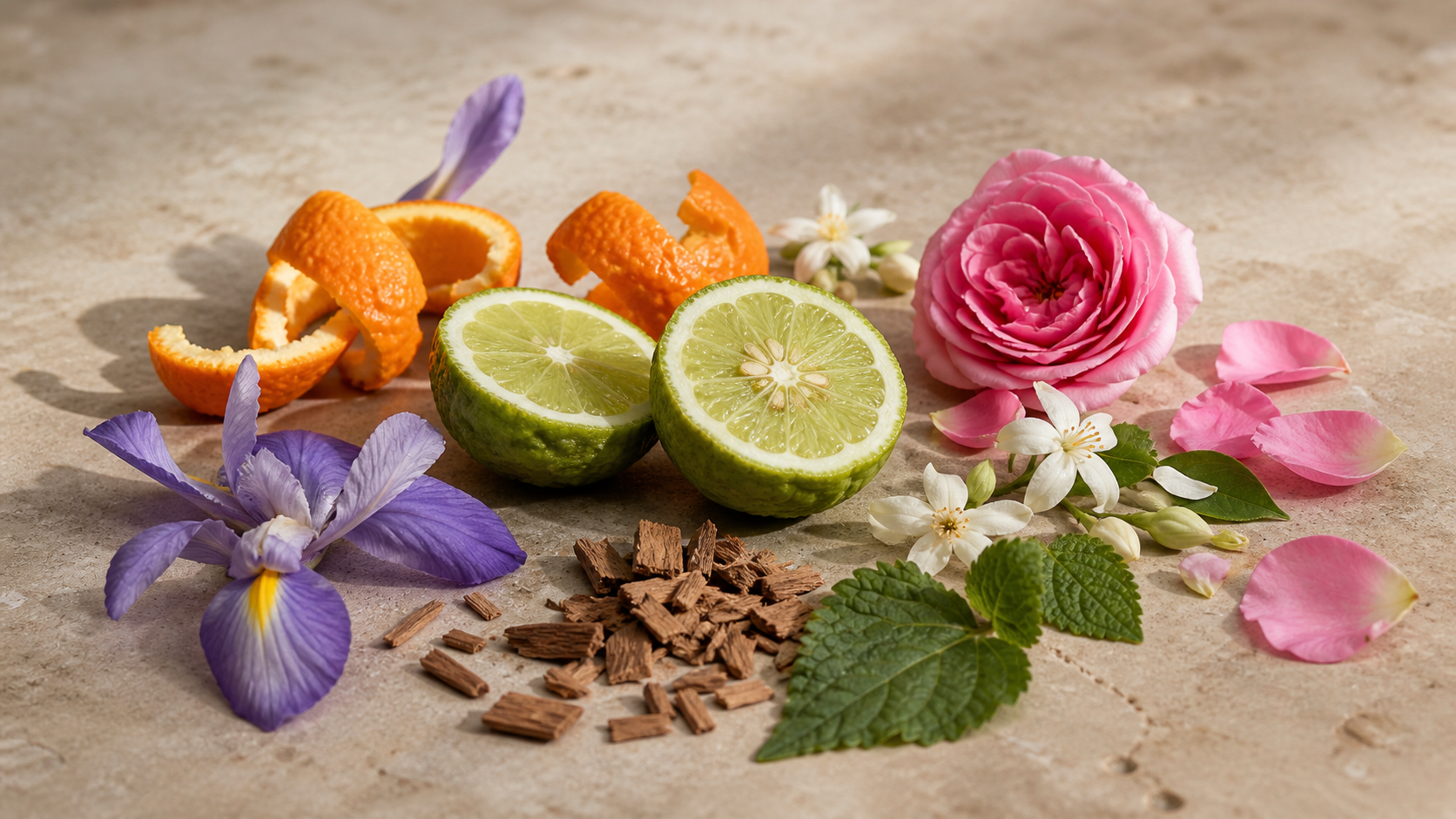 Ilustración bergamota, naranja, rosa y cedro.