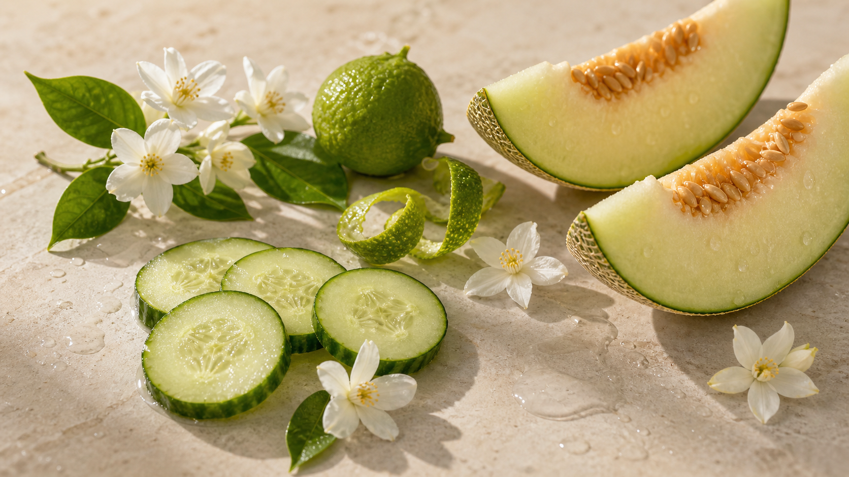 Ilustración pepino, melón y brisa fresca.