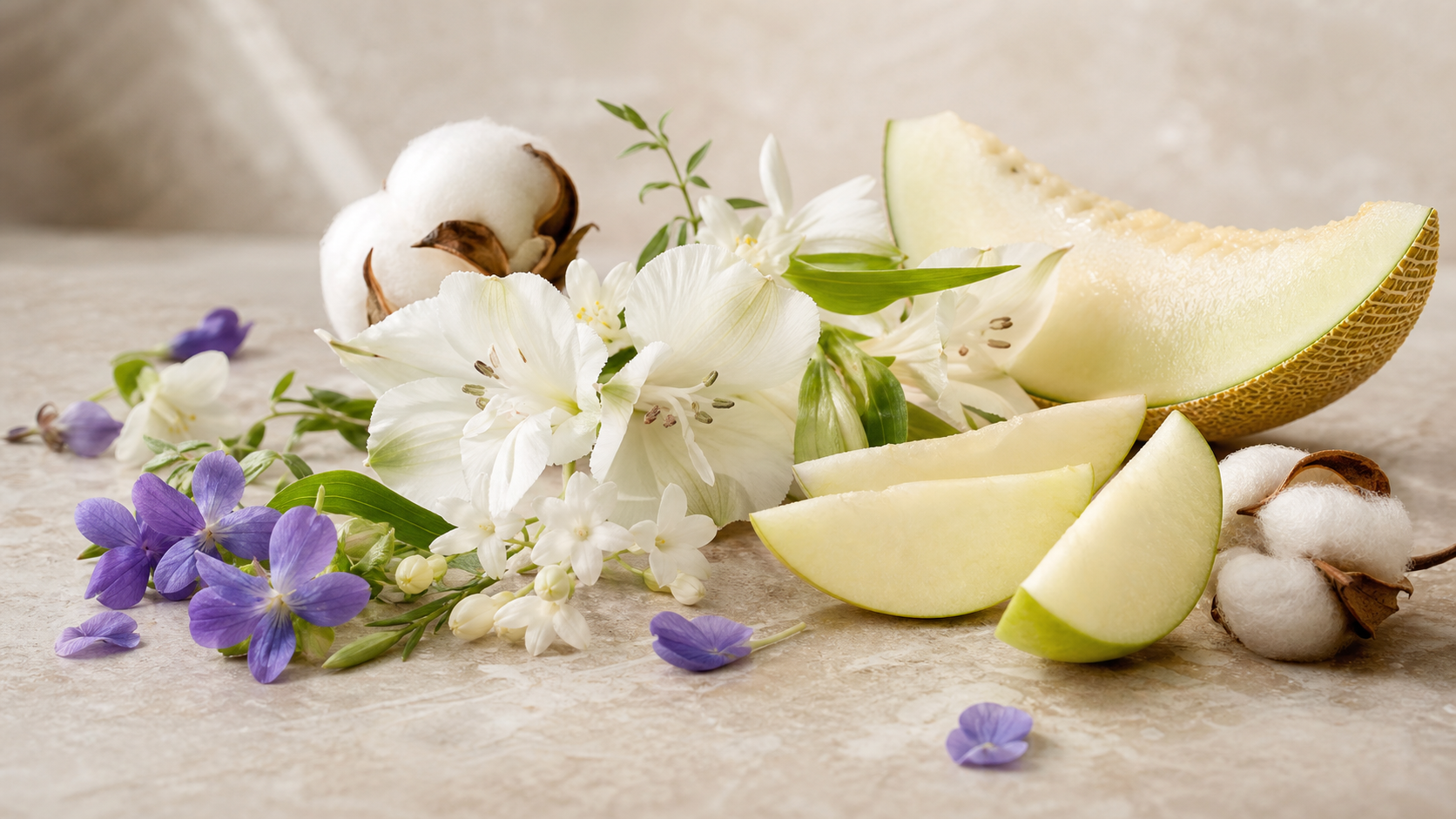 Ilustración flores blancas, violeta y algodón.