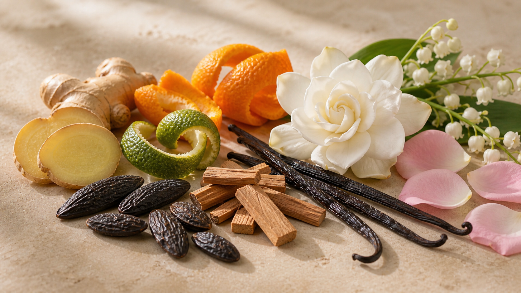 Ilustración haba tonka, mandarina, gardenia y vainilla.