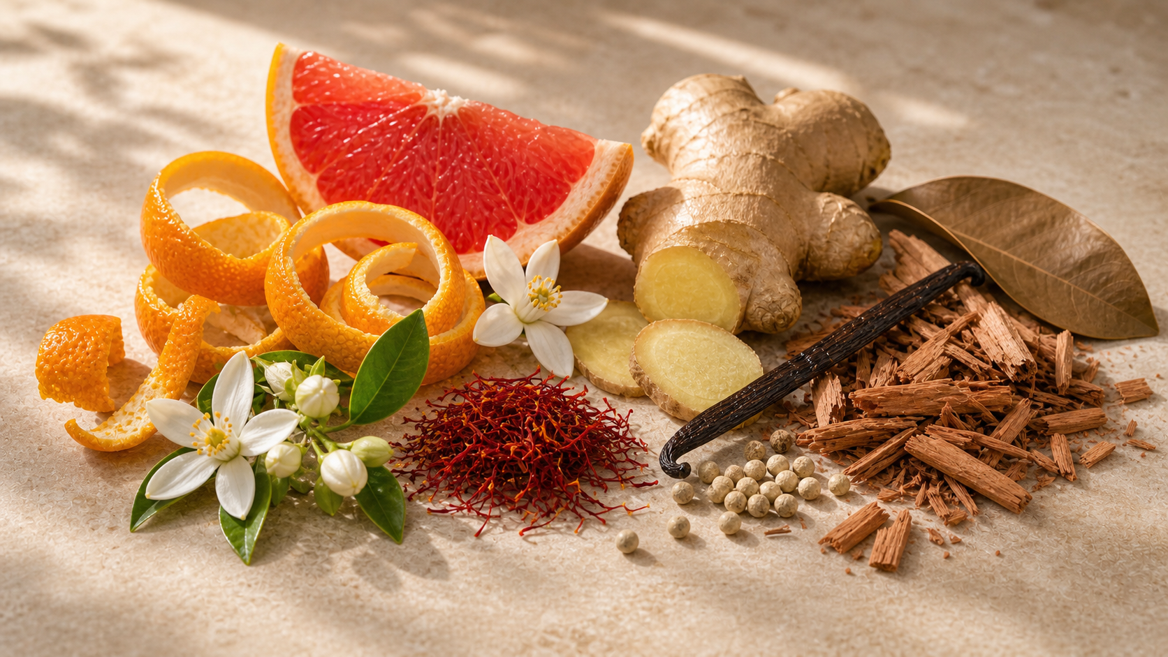 Ilustración azafrán, naranja, jengibre y cedro.