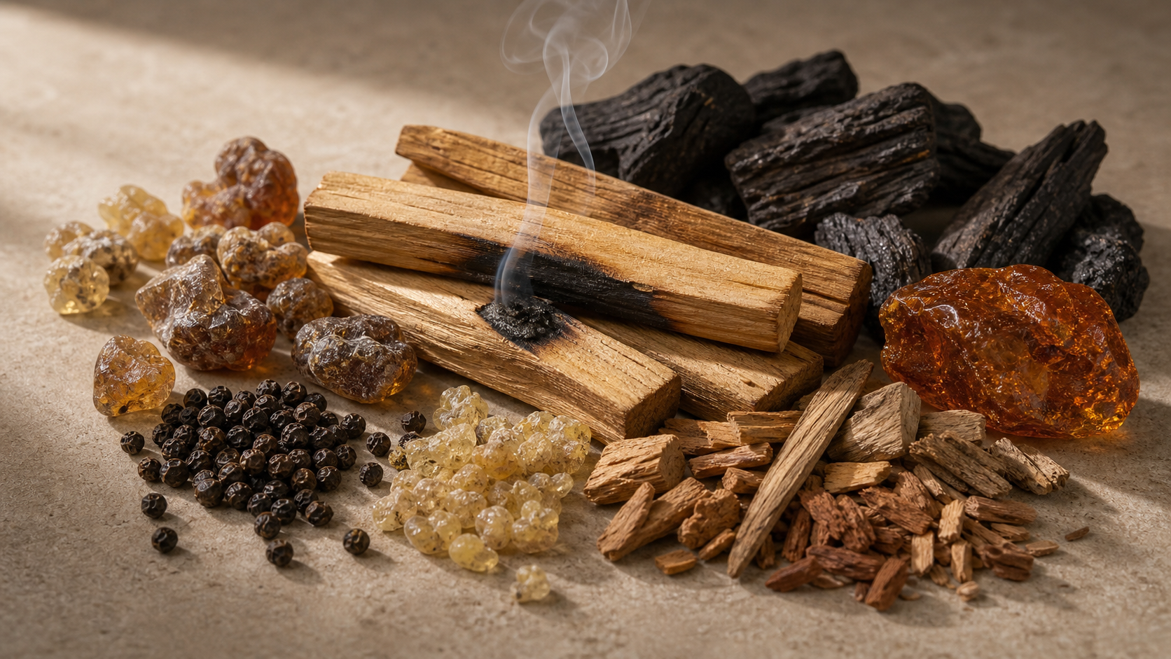 Ilustración humo, palo santo, pimienta y sándalo.